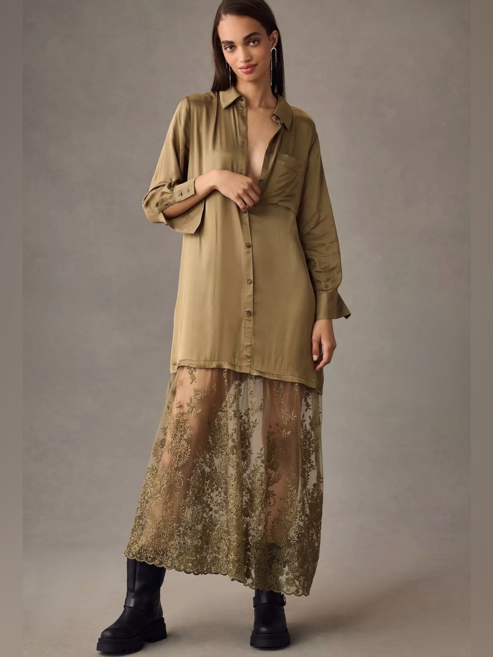Anthropologie | Lace Mix Twofer Satin Maxi Dress
